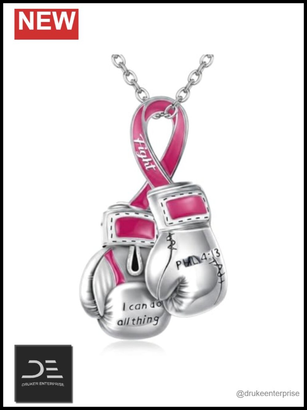 Sterling Silver Pink Ribbon Boxing Gloves Pendant Necklace Inspirational Jewelry